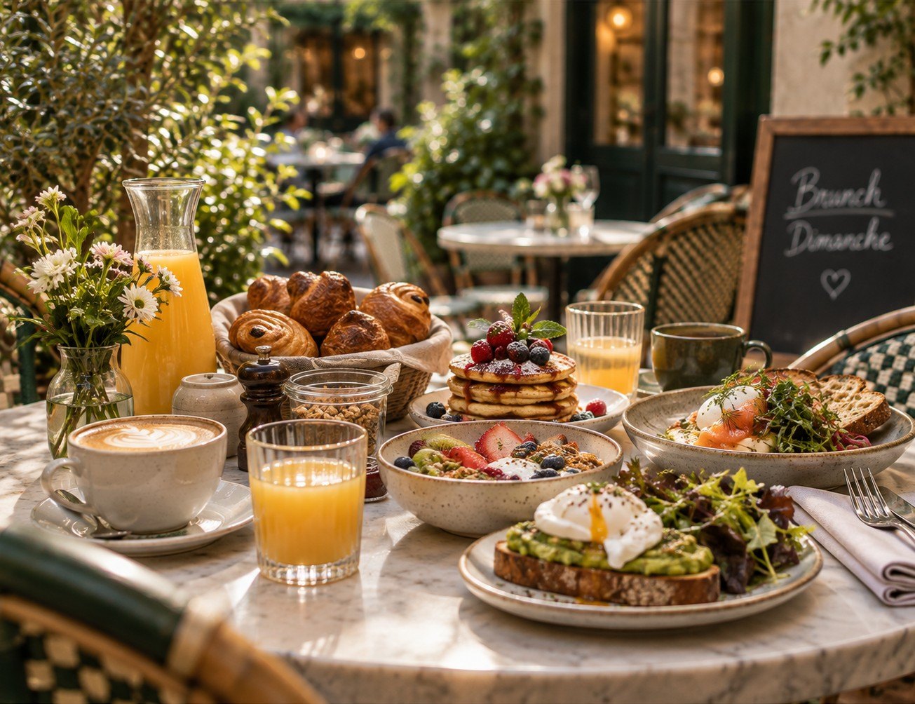 Table de brunch dans une cour végétalisée