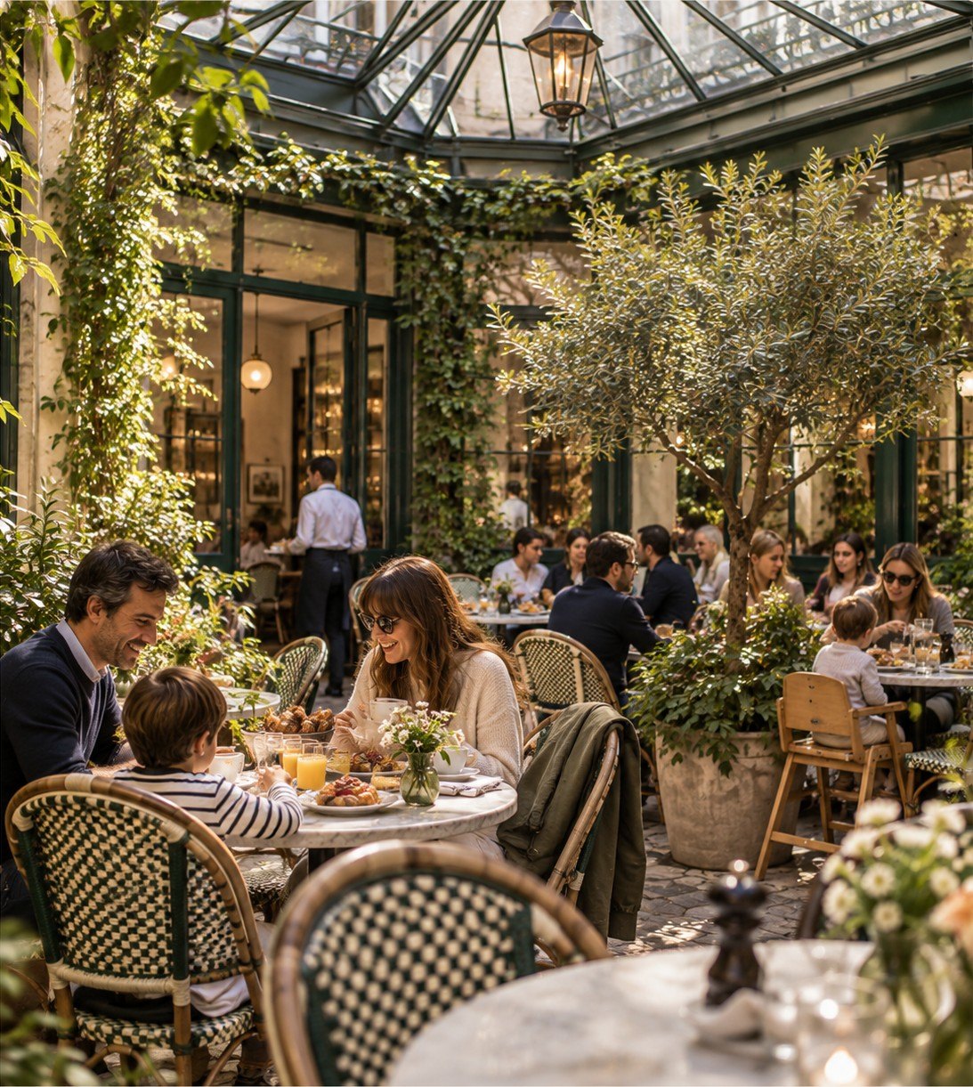 La cour végétalisée sous sa verrière, tables et chaises en rotin