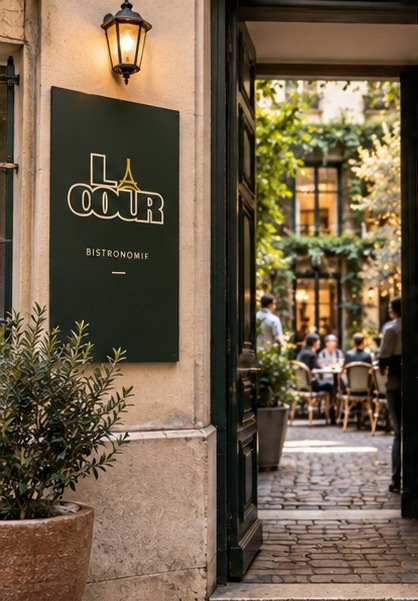 Entrée de La Cour : enseigne Bistronomie et porte ouverte sur la cour pavée