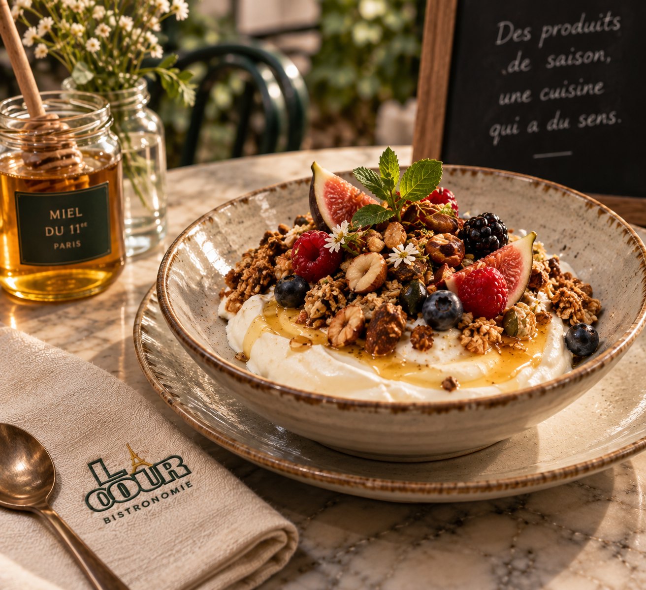 Fromage blanc au miel, granola croustillant et fruits