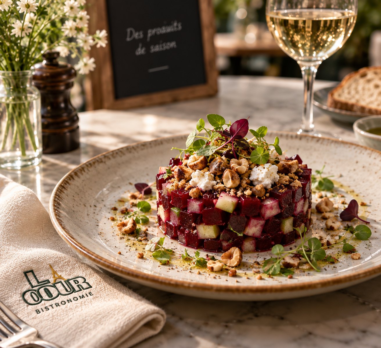 Tartare de betteraves et pommes, chèvre et crumble aux noisettes